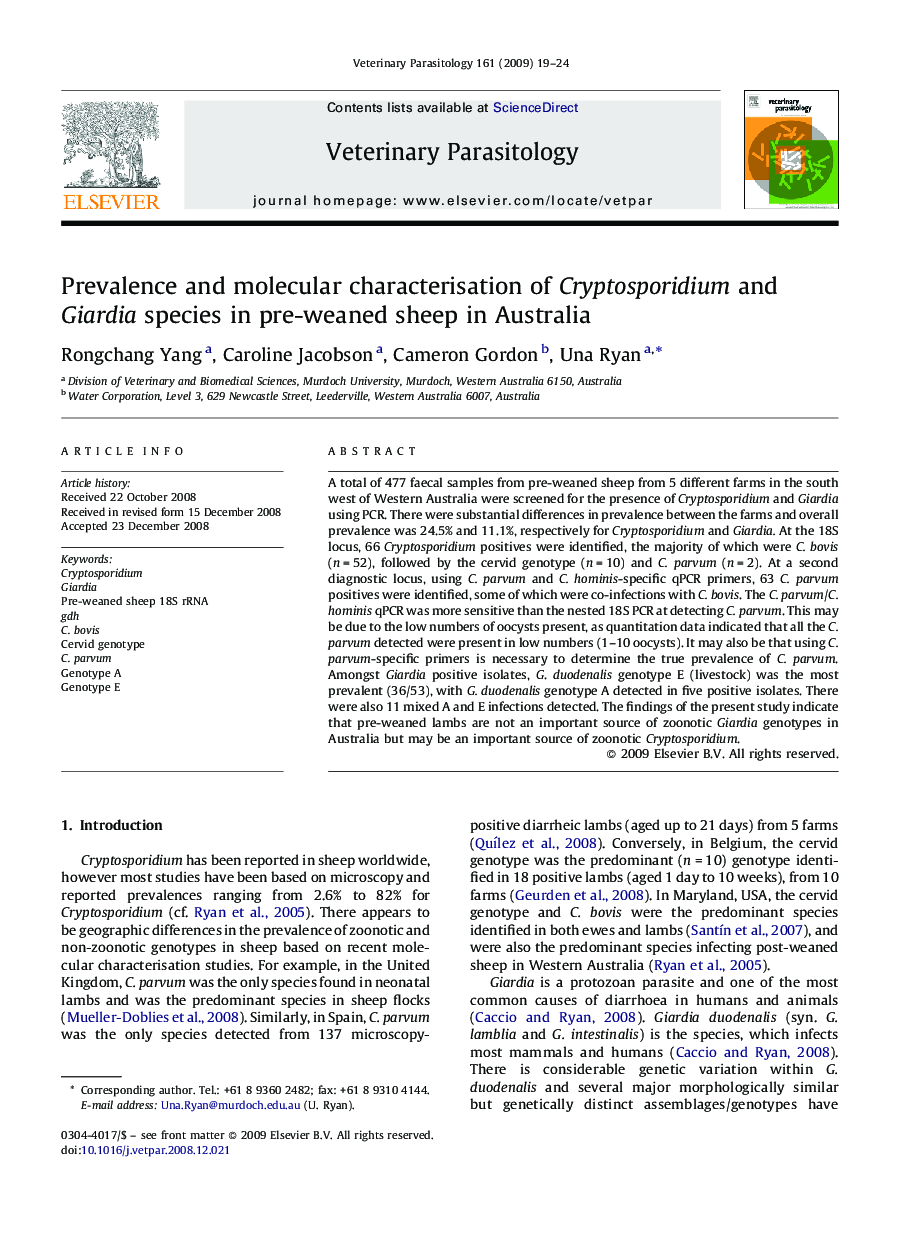 Prevalence and molecular characterisation of Cryptosporidium and Giardia species in pre-weaned sheep in Australia