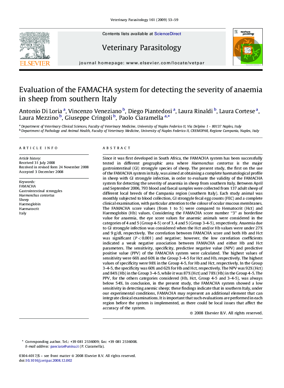 Evaluation of the FAMACHA system for detecting the severity of anaemia in sheep from southern Italy