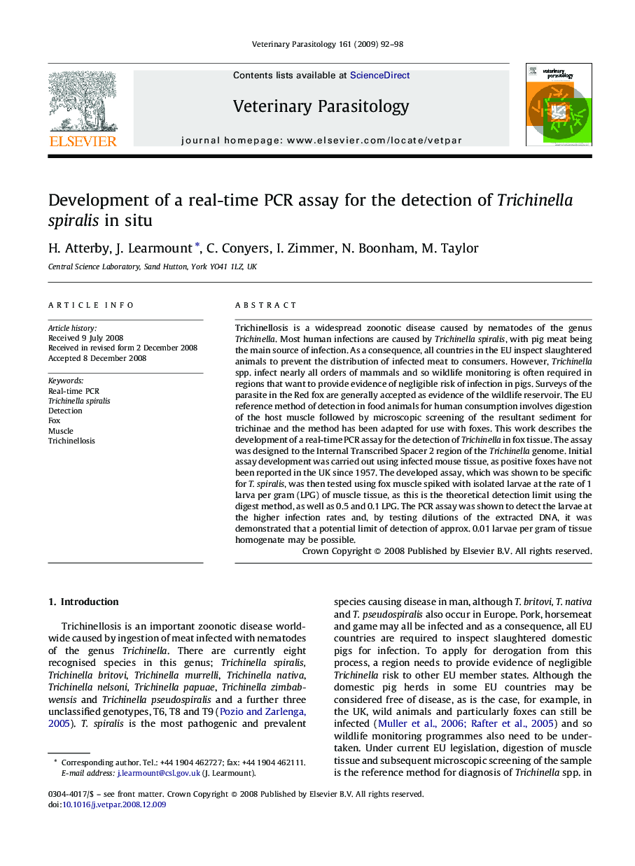 Development of a real-time PCR assay for the detection of Trichinella spiralis in situ