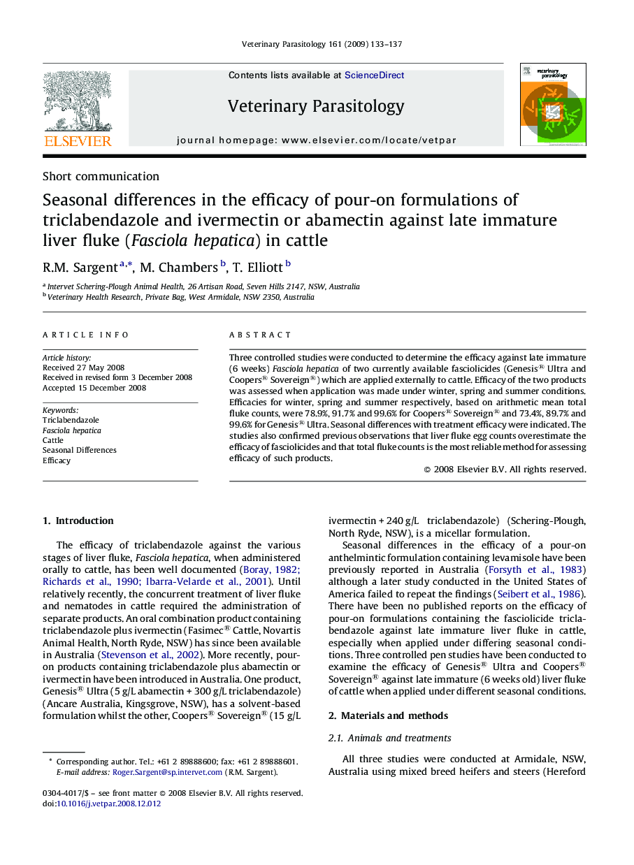 Seasonal differences in the efficacy of pour-on formulations of triclabendazole and ivermectin or abamectin against late immature liver fluke (Fasciola hepatica) in cattle