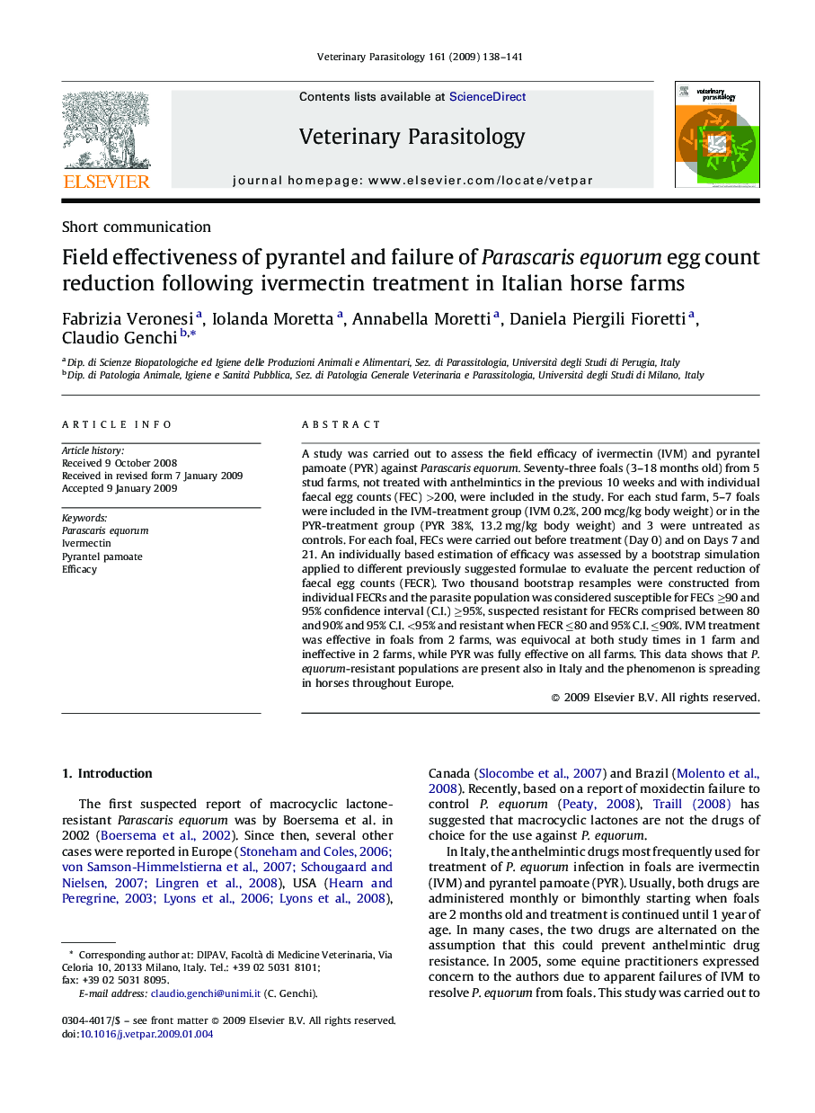 Field effectiveness of pyrantel and failure of Parascaris equorum egg count reduction following ivermectin treatment in Italian horse farms