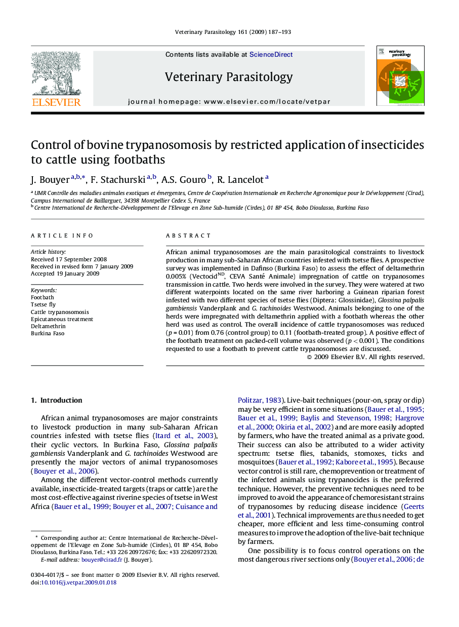 Control of bovine trypanosomosis by restricted application of insecticides to cattle using footbaths