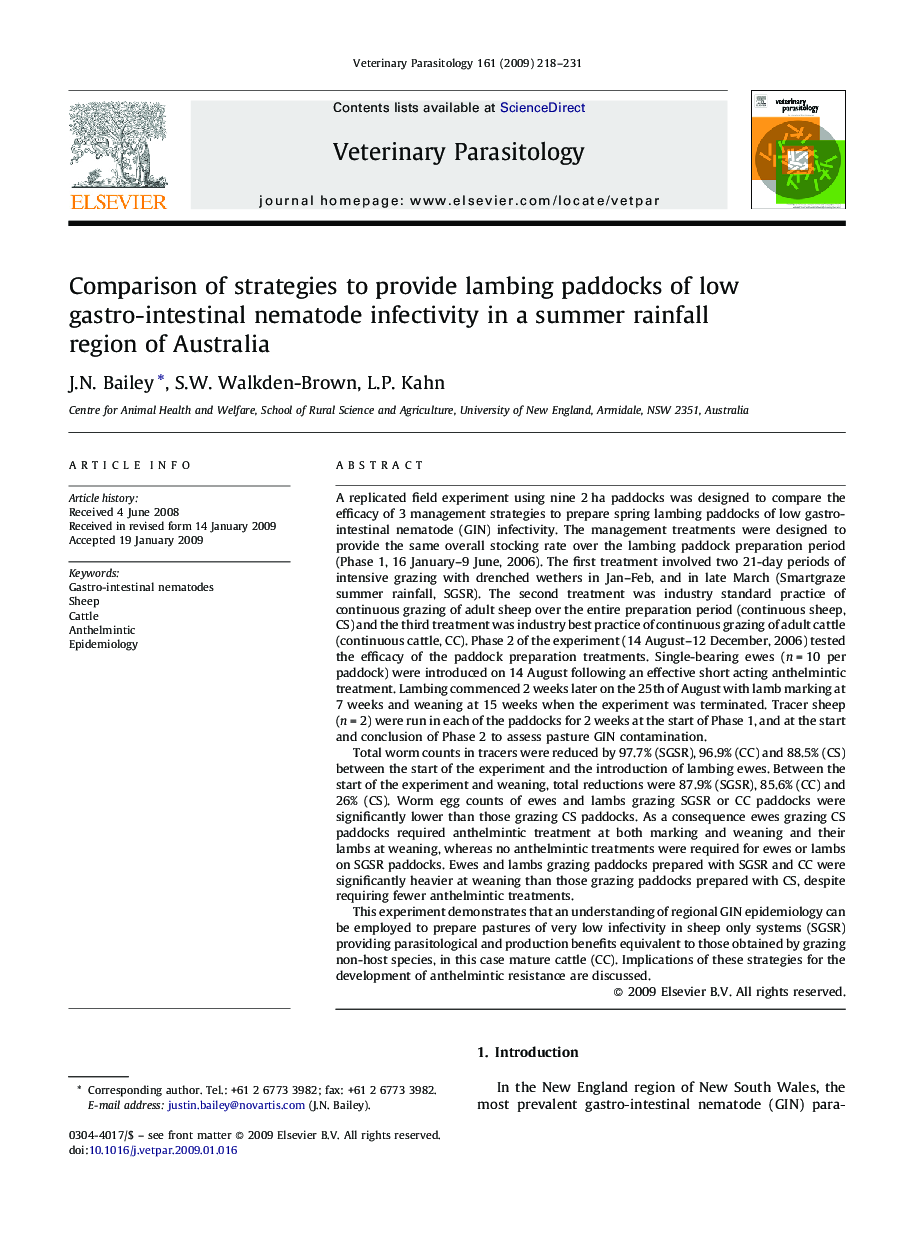 Comparison of strategies to provide lambing paddocks of low gastro-intestinal nematode infectivity in a summer rainfall region of Australia