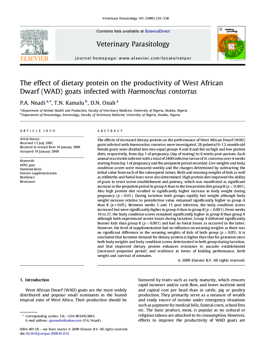 The effect of dietary protein on the productivity of West African Dwarf (WAD) goats infected with Haemonchus contortus