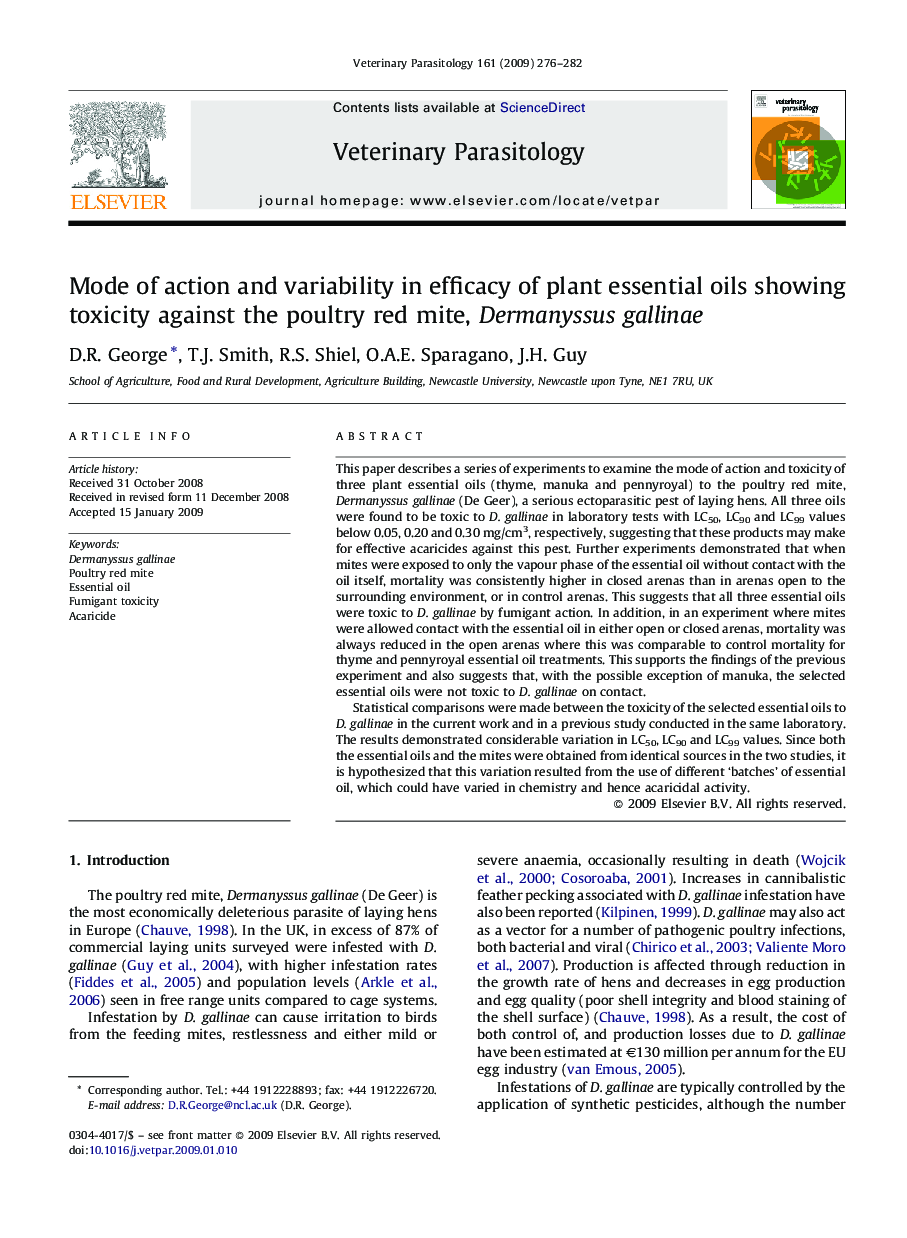 Mode of action and variability in efficacy of plant essential oils showing toxicity against the poultry red mite, Dermanyssus gallinae