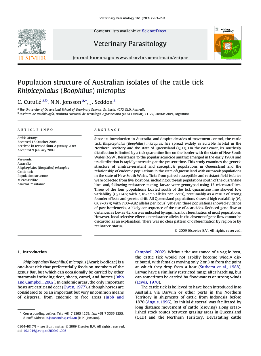 Population structure of Australian isolates of the cattle tick Rhipicephalus (Boophilus) microplus