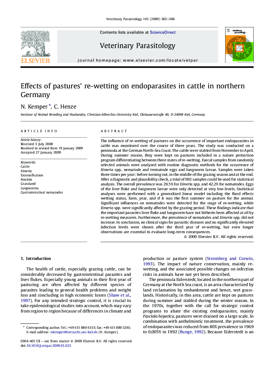 Effects of pastures’ re-wetting on endoparasites in cattle in northern Germany