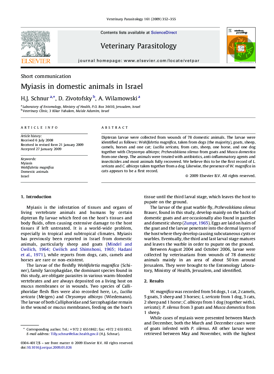 Myiasis in domestic animals in Israel