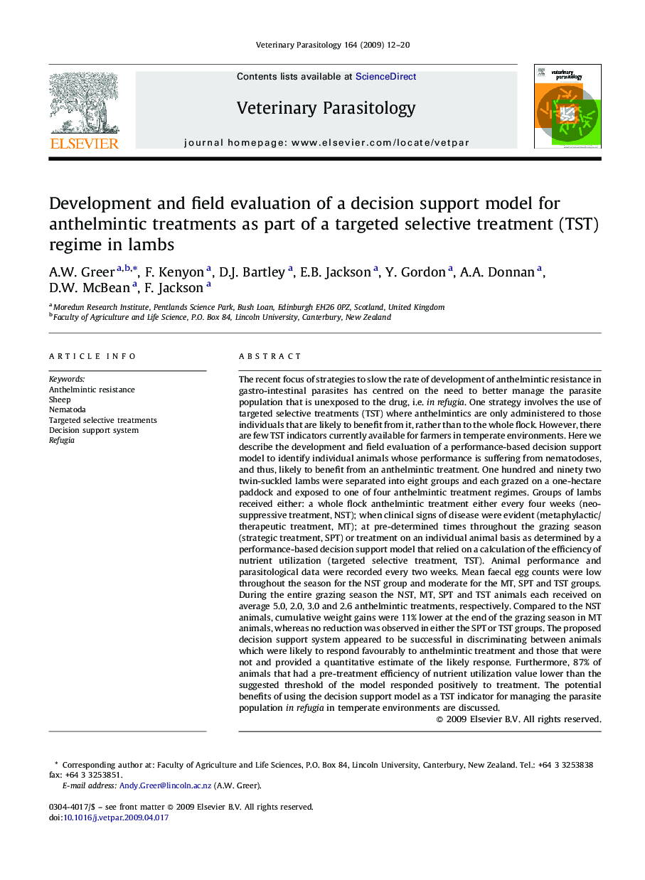 Development and field evaluation of a decision support model for anthelmintic treatments as part of a targeted selective treatment (TST) regime in lambs