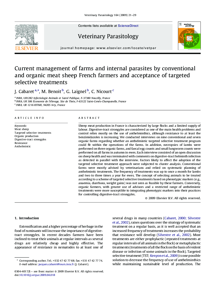 Current management of farms and internal parasites by conventional and organic meat sheep French farmers and acceptance of targeted selective treatments