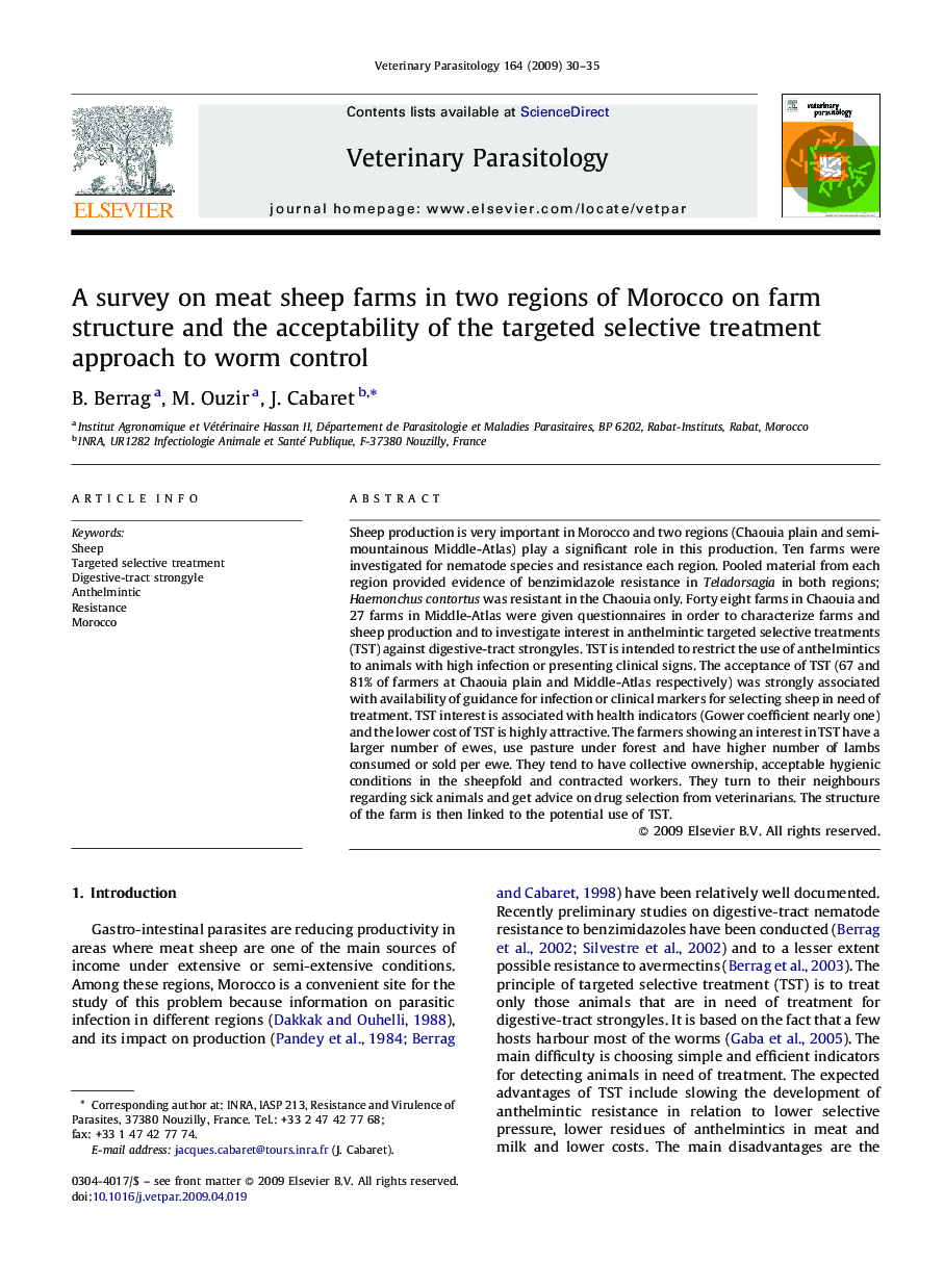 A survey on meat sheep farms in two regions of Morocco on farm structure and the acceptability of the targeted selective treatment approach to worm control