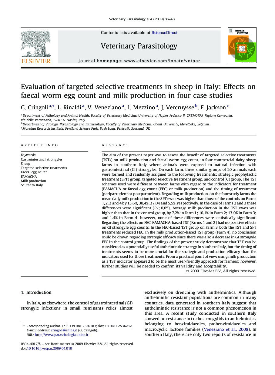 Evaluation of targeted selective treatments in sheep in Italy: Effects on faecal worm egg count and milk production in four case studies