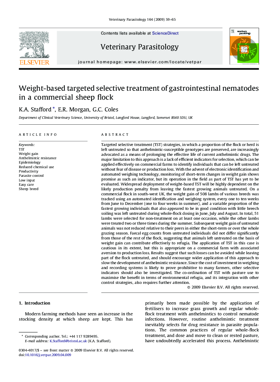 Weight-based targeted selective treatment of gastrointestinal nematodes in a commercial sheep flock
