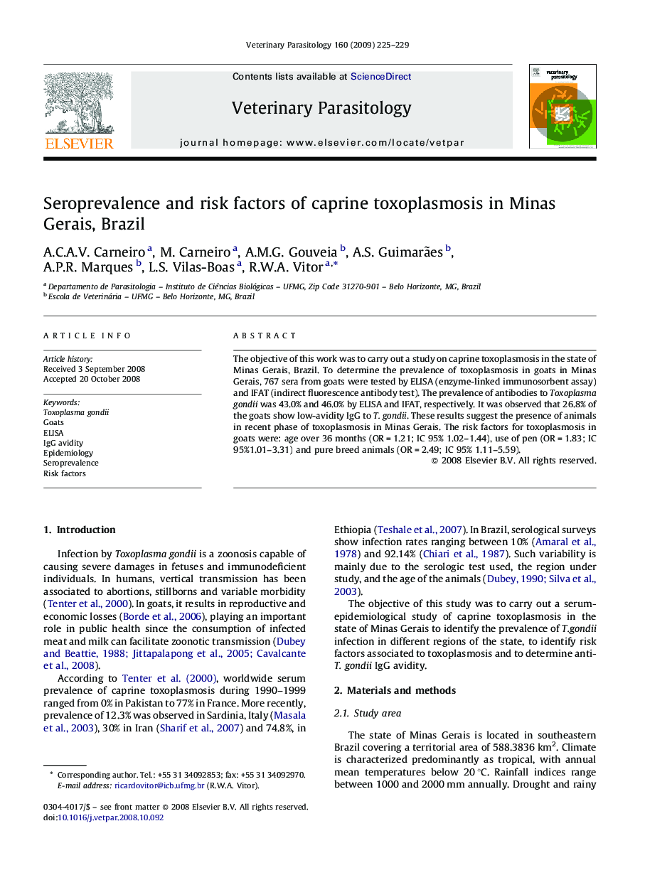 Seroprevalence and risk factors of caprine toxoplasmosis in Minas Gerais, Brazil