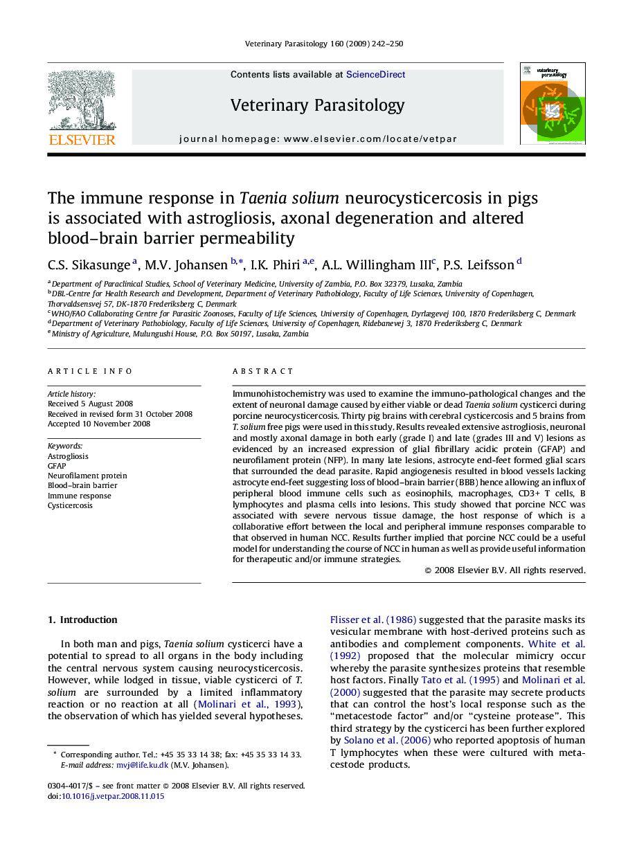 The immune response in Taenia solium neurocysticercosis in pigs is associated with astrogliosis, axonal degeneration and altered blood–brain barrier permeability