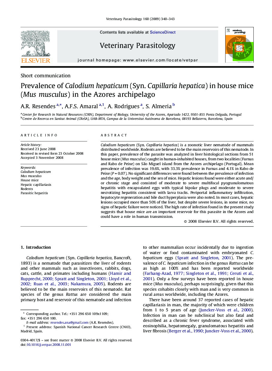 Prevalence of Calodium hepaticum (Syn. Capillaria hepatica) in house mice (Mus musculus) in the Azores archipelago