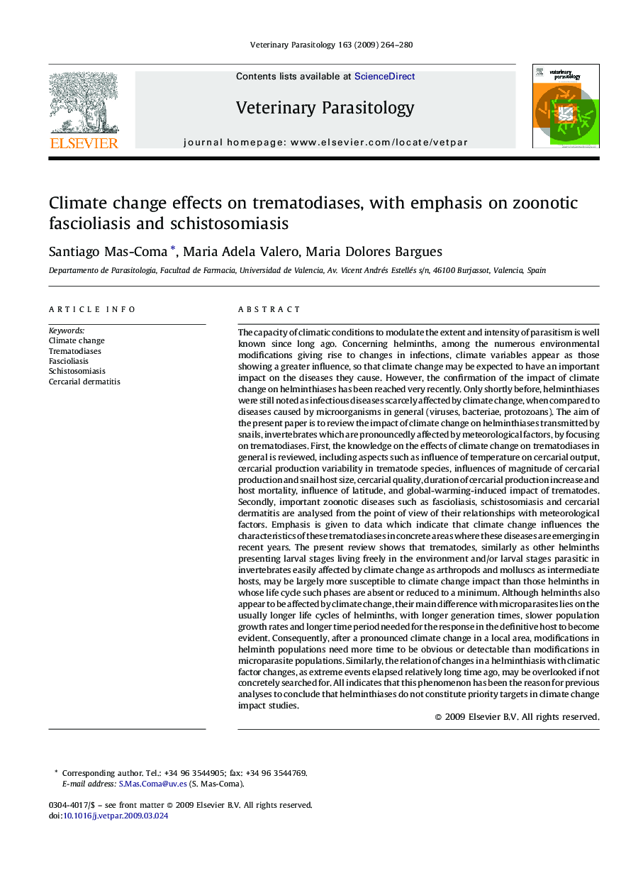 Climate change effects on trematodiases, with emphasis on zoonotic fascioliasis and schistosomiasis