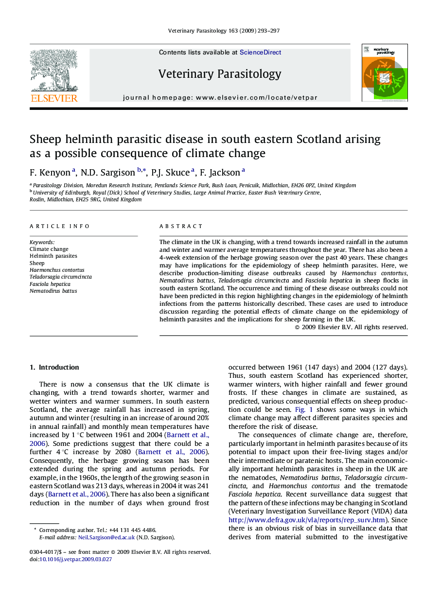 Sheep helminth parasitic disease in south eastern Scotland arising as a possible consequence of climate change