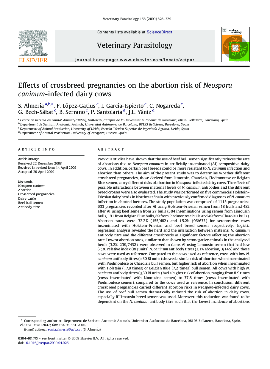 Effects of crossbreed pregnancies on the abortion risk of Neospora caninum-infected dairy cows