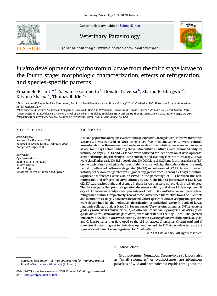 In vitro development of cyathostomin larvae from the third stage larvae to the fourth stage: morphologic characterization, effects of refrigeration, and species-specific patterns