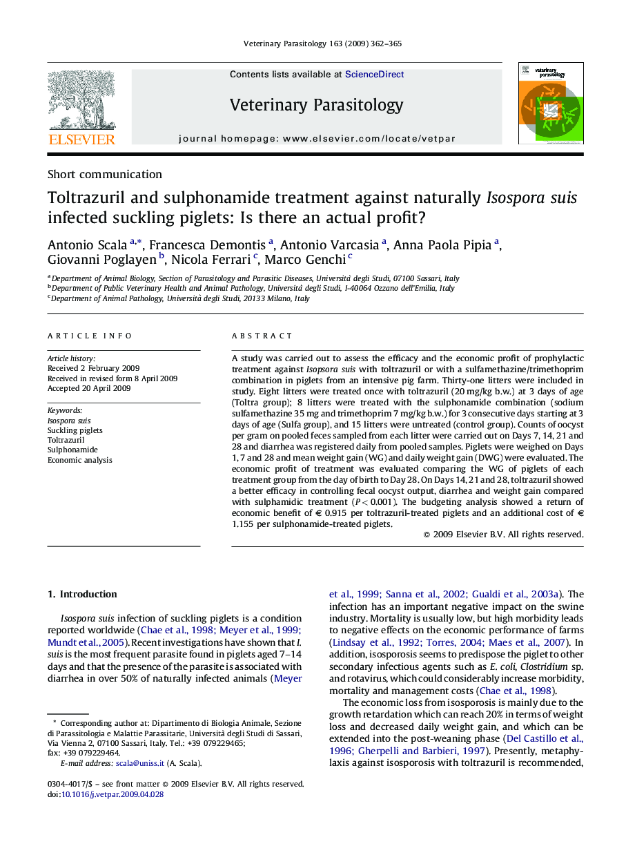 Toltrazuril and sulphonamide treatment against naturally Isospora suis infected suckling piglets: Is there an actual profit?