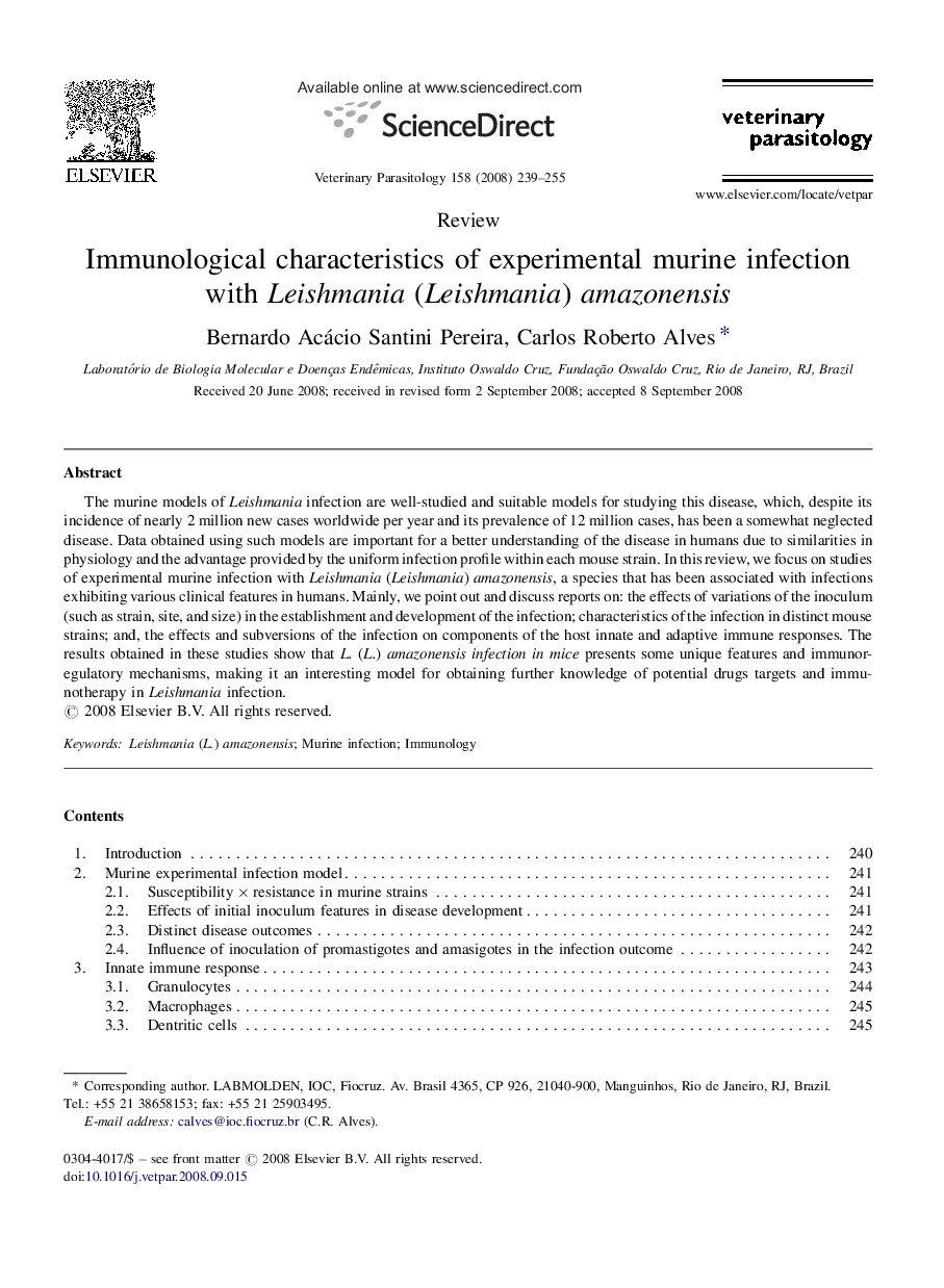 Immunological characteristics of experimental murine infection with Leishmania (Leishmania) amazonensis