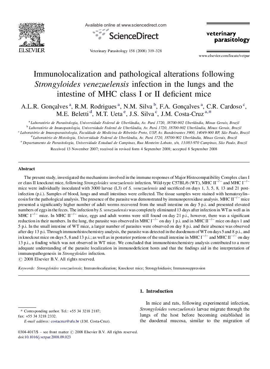 Immunolocalization and pathological alterations following Strongyloides venezuelensis infection in the lungs and the intestine of MHC class I or II deficient mice