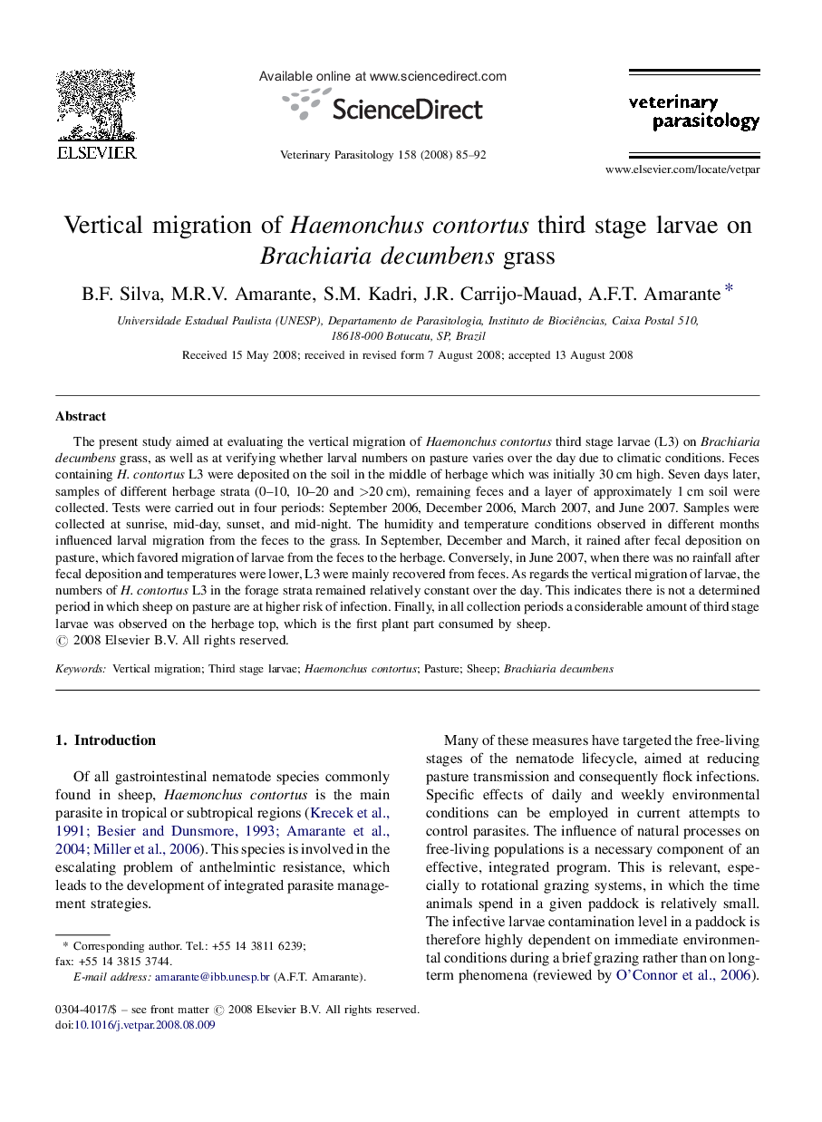 Vertical migration of Haemonchus contortus third stage larvae on Brachiaria decumbens grass