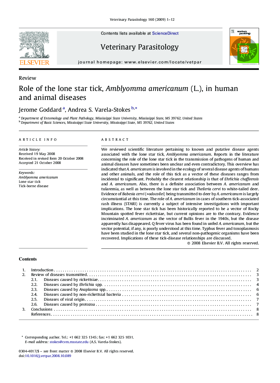 Role of the lone star tick, Amblyomma americanum (L.), in human and animal diseases