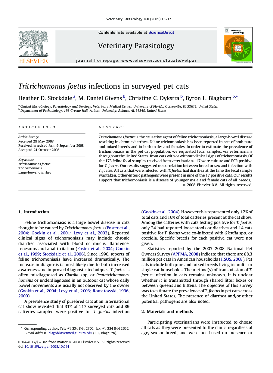 Tritrichomonas foetus infections in surveyed pet cats