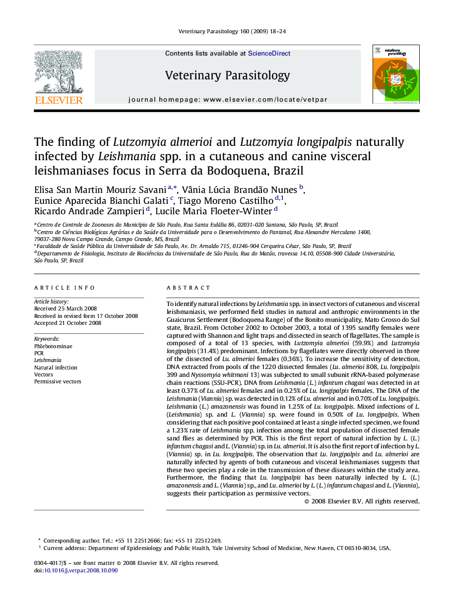 The finding of Lutzomyia almerioi and Lutzomyia longipalpis naturally infected by Leishmania spp. in a cutaneous and canine visceral leishmaniases focus in Serra da Bodoquena, Brazil