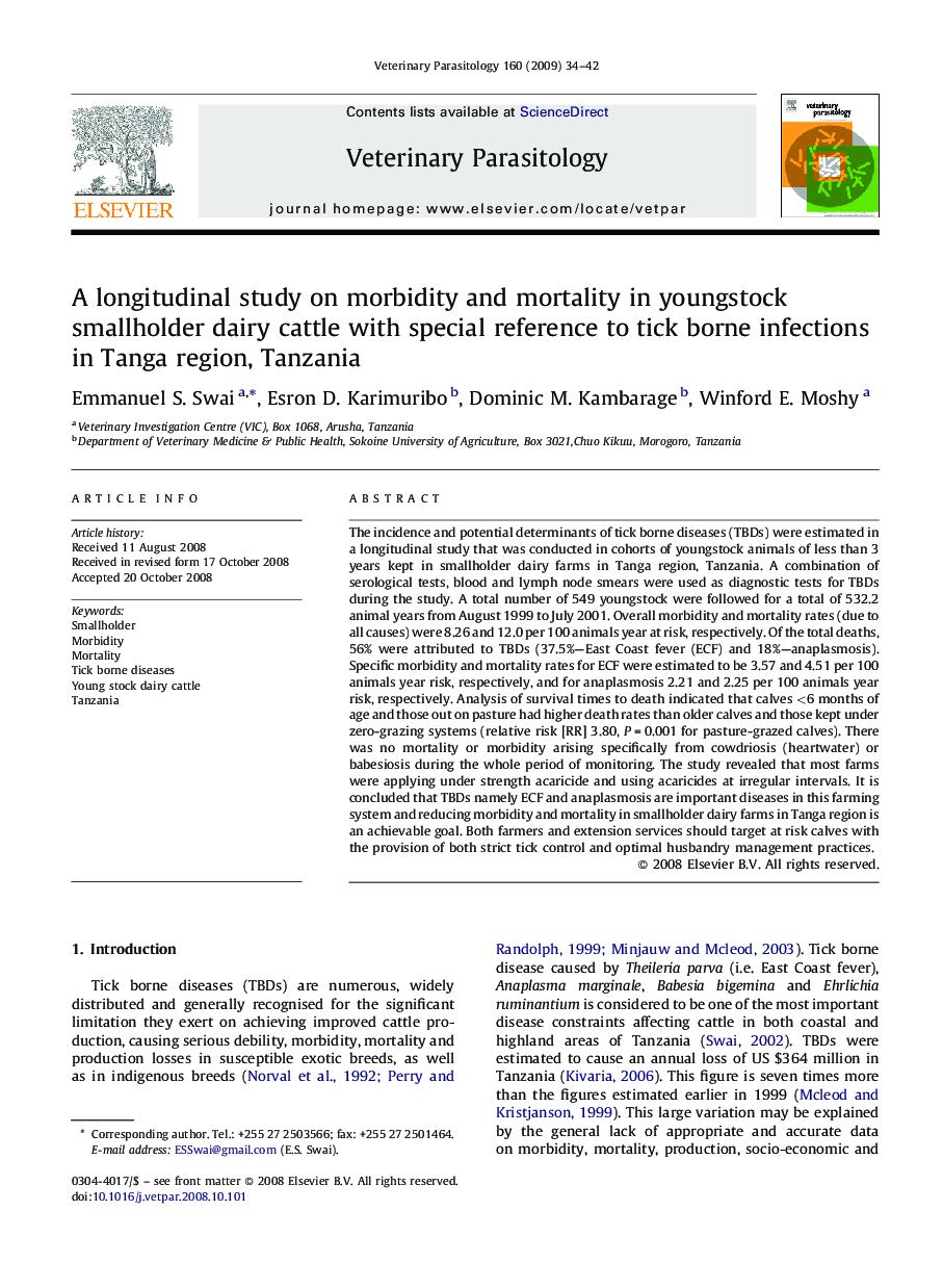 A longitudinal study on morbidity and mortality in youngstock smallholder dairy cattle with special reference to tick borne infections in Tanga region, Tanzania