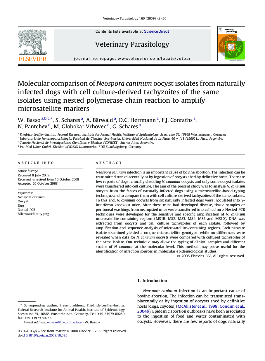 Molecular comparison of Neospora caninum oocyst isolates from naturally infected dogs with cell culture-derived tachyzoites of the same isolates using nested polymerase chain reaction to amplify microsatellite markers