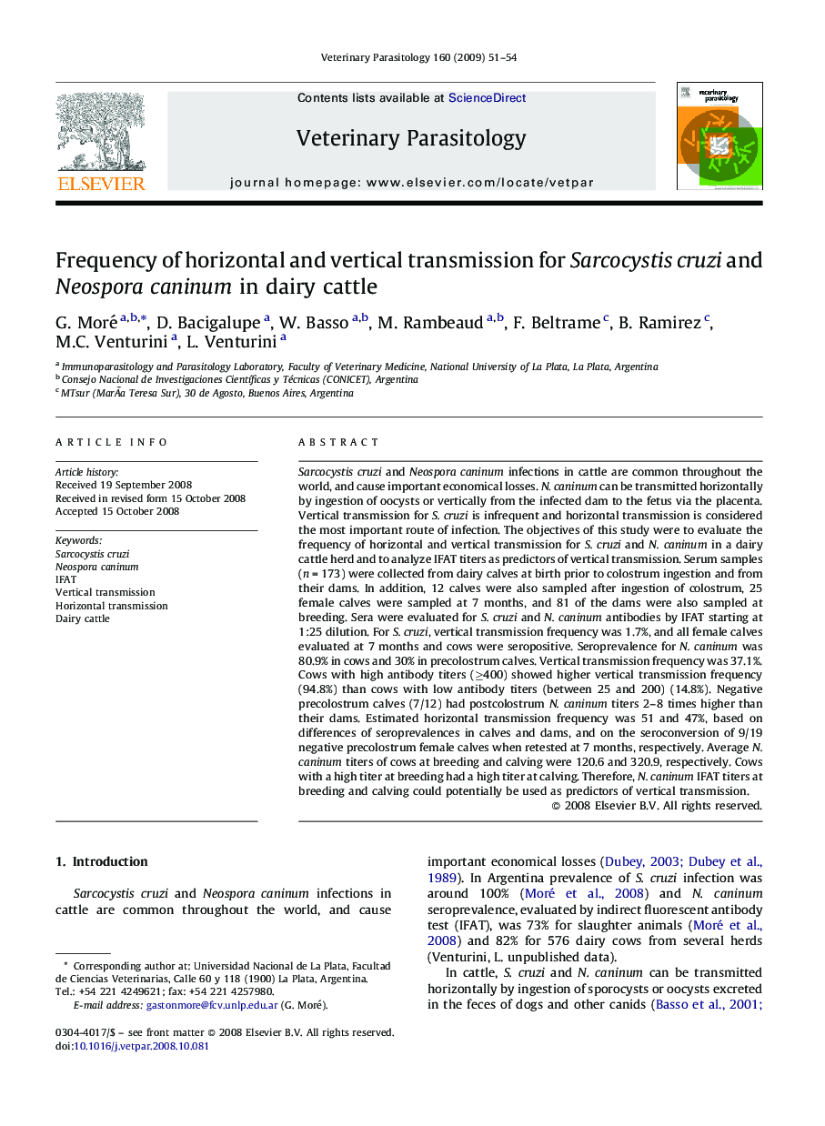 Frequency of horizontal and vertical transmission for Sarcocystis cruzi and Neospora caninum in dairy cattle