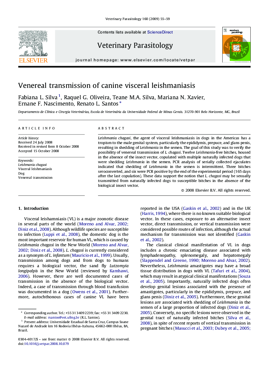 Venereal transmission of canine visceral leishmaniasis