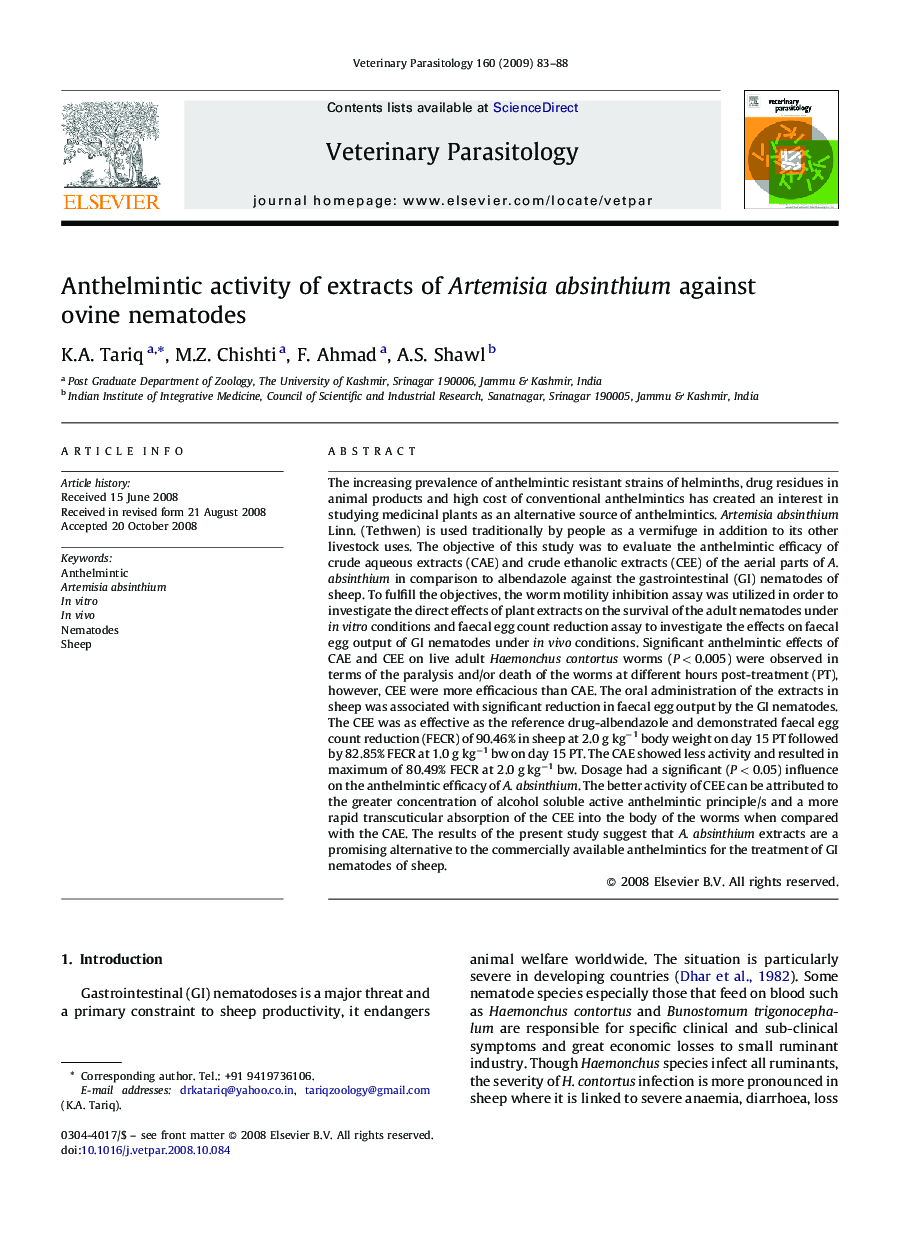 Anthelmintic activity of extracts of Artemisia absinthium against ovine nematodes