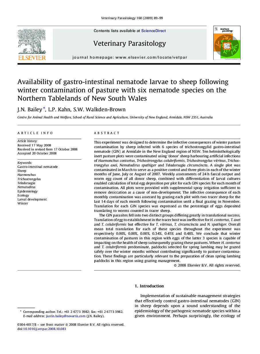 Availability of gastro-intestinal nematode larvae to sheep following winter contamination of pasture with six nematode species on the Northern Tablelands of New South Wales