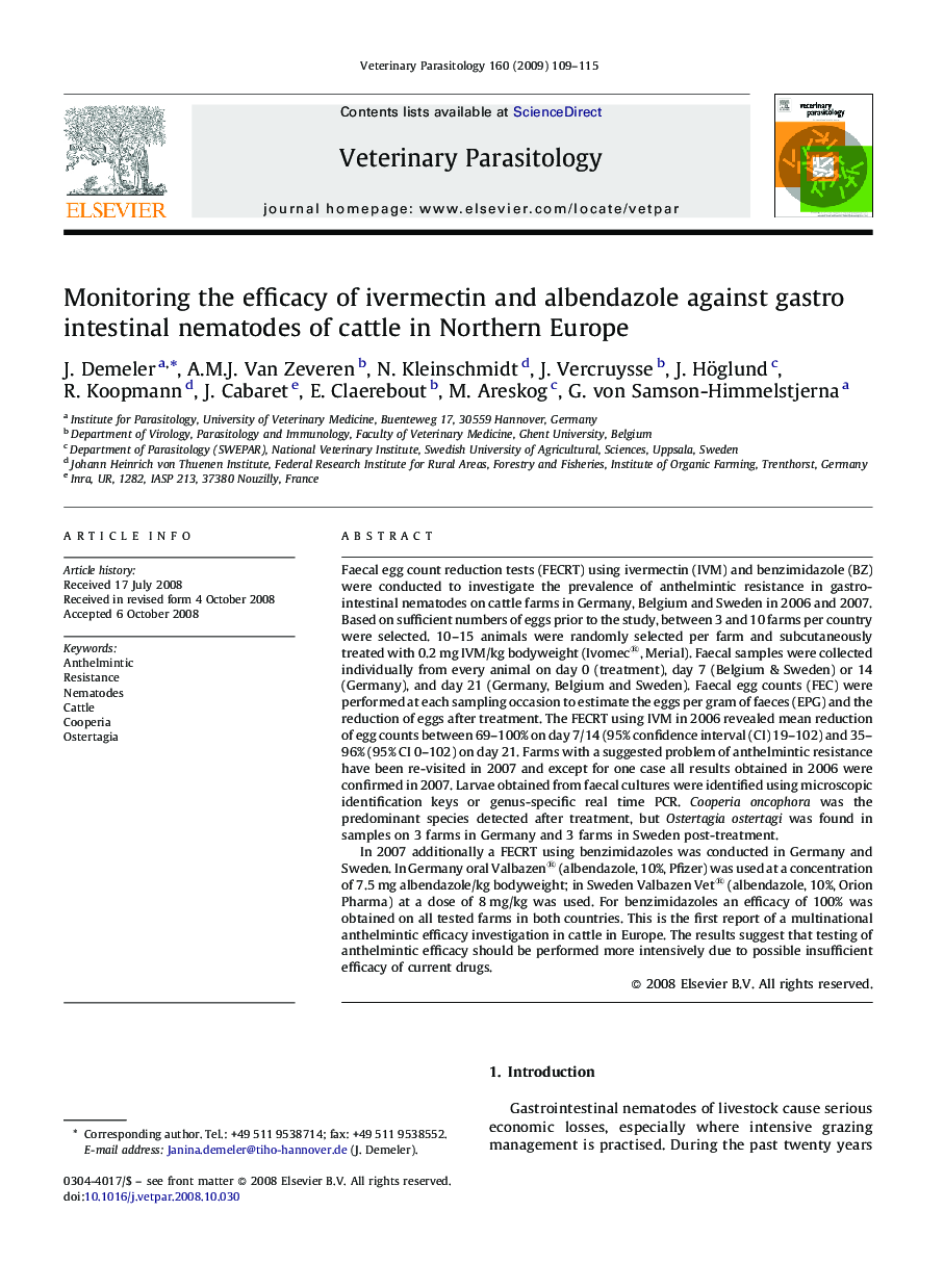 Monitoring the efficacy of ivermectin and albendazole against gastro intestinal nematodes of cattle in Northern Europe