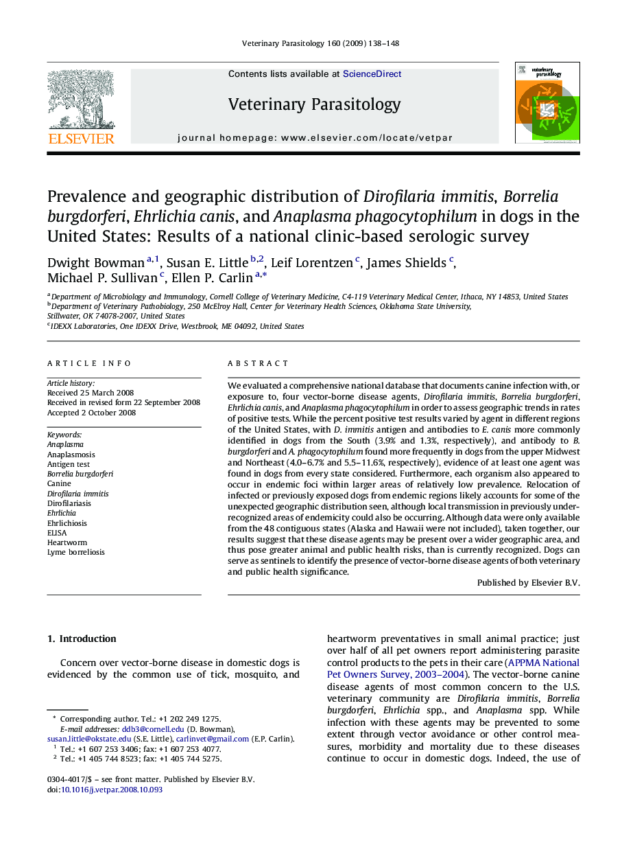 Prevalence and geographic distribution of Dirofilaria immitis, Borrelia burgdorferi, Ehrlichia canis, and Anaplasma phagocytophilum in dogs in the United States: Results of a national clinic-based serologic survey