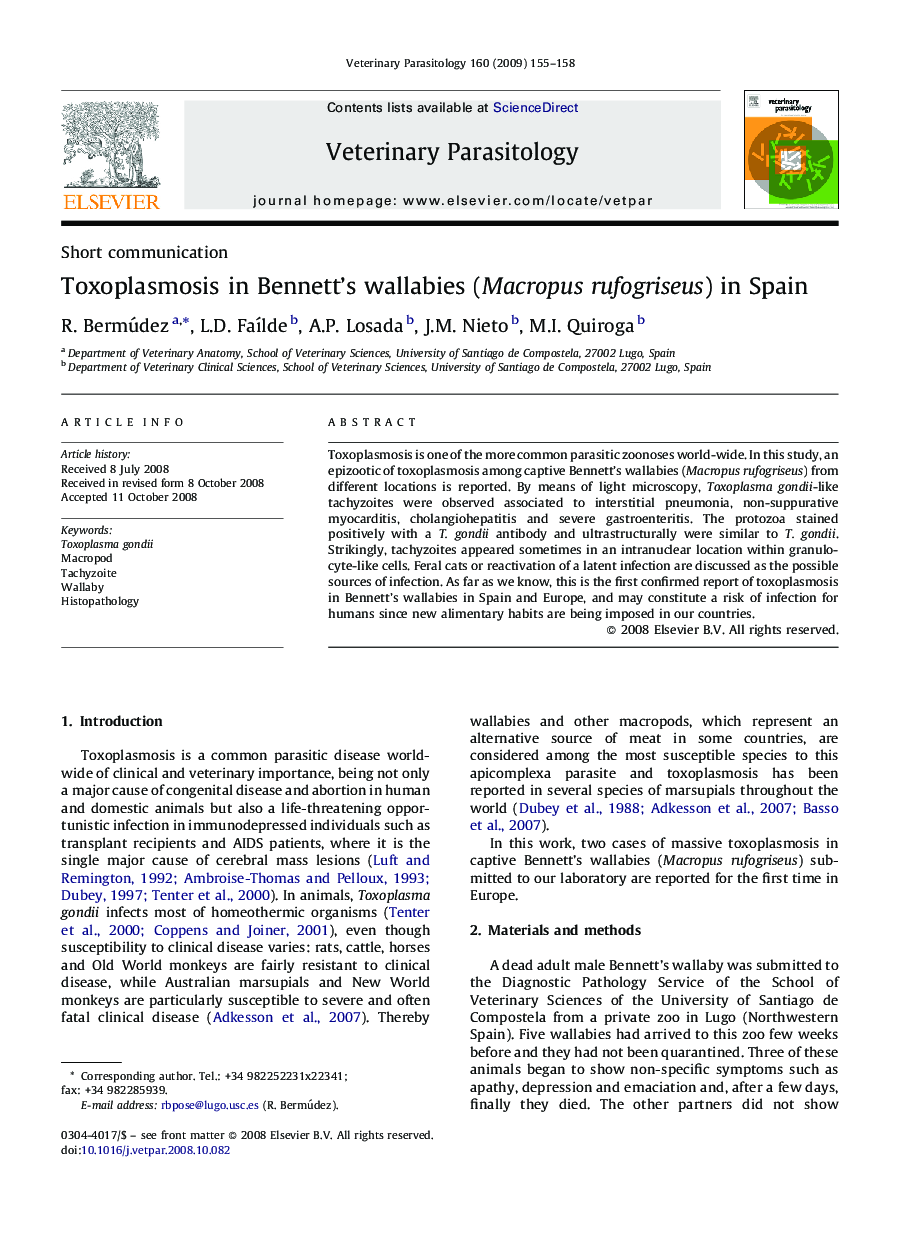 Toxoplasmosis in Bennett’s wallabies (Macropus rufogriseus) in Spain