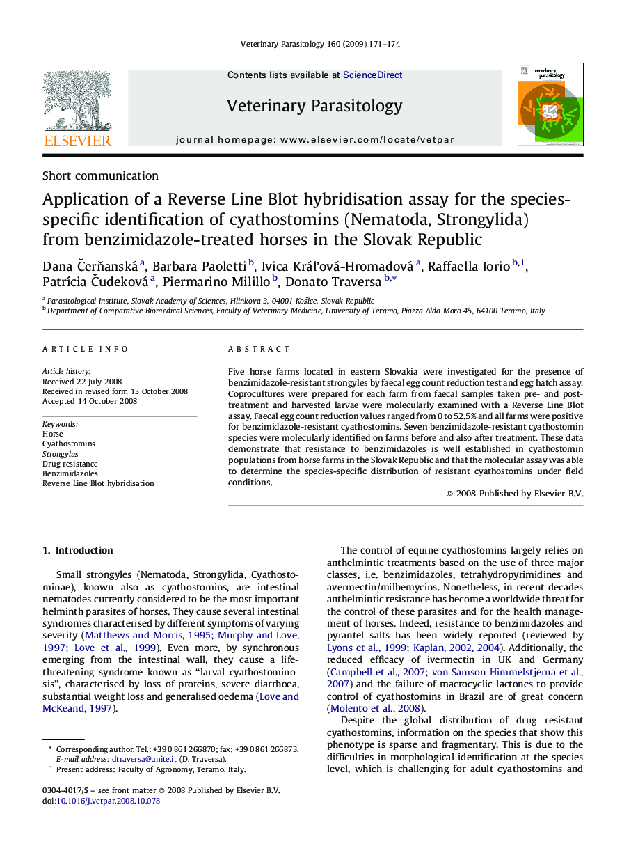 Application of a Reverse Line Blot hybridisation assay for the species-specific identification of cyathostomins (Nematoda, Strongylida) from benzimidazole-treated horses in the Slovak Republic