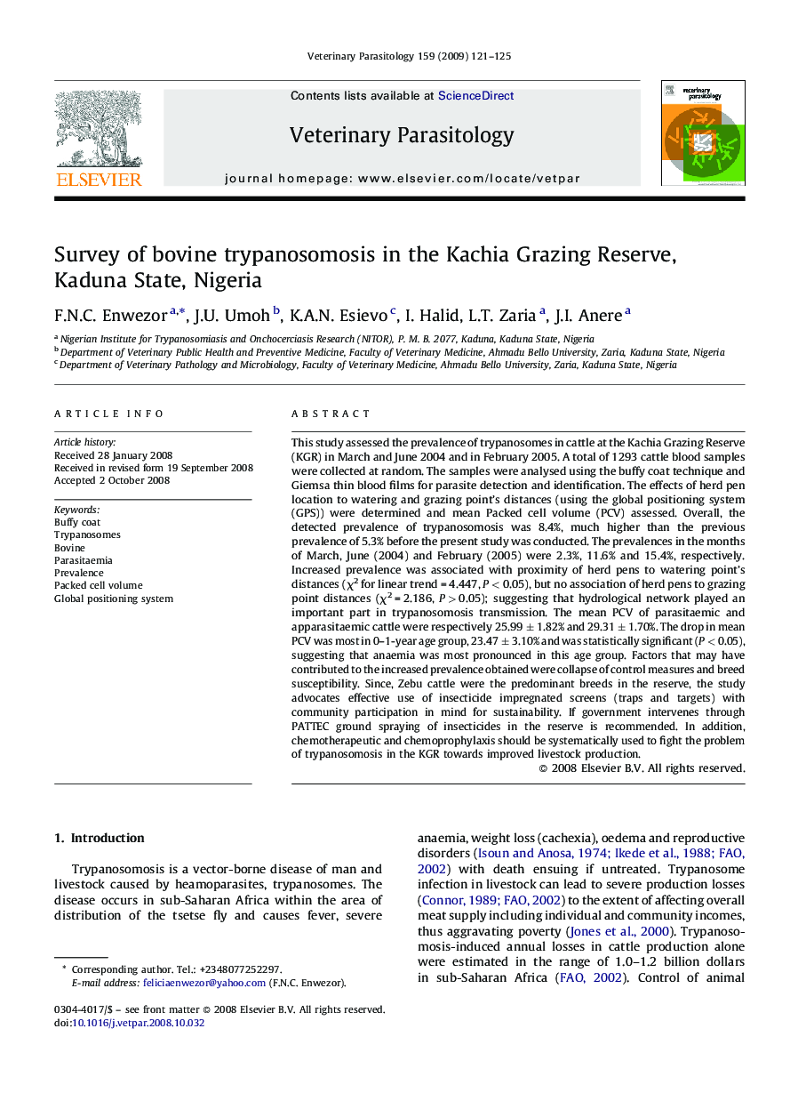 Survey of bovine trypanosomosis in the Kachia Grazing Reserve, Kaduna State, Nigeria