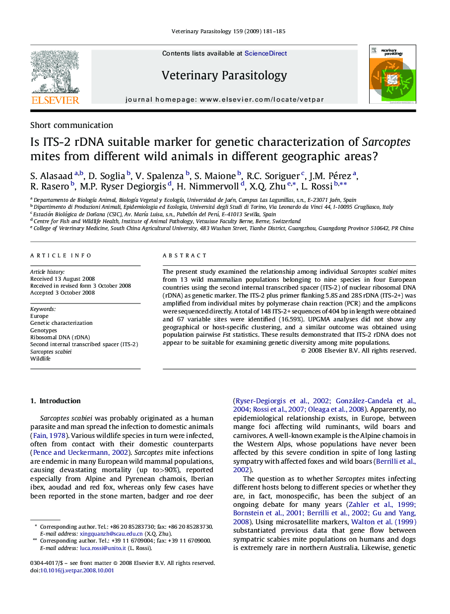 Is ITS-2 rDNA suitable marker for genetic characterization of Sarcoptes mites from different wild animals in different geographic areas?