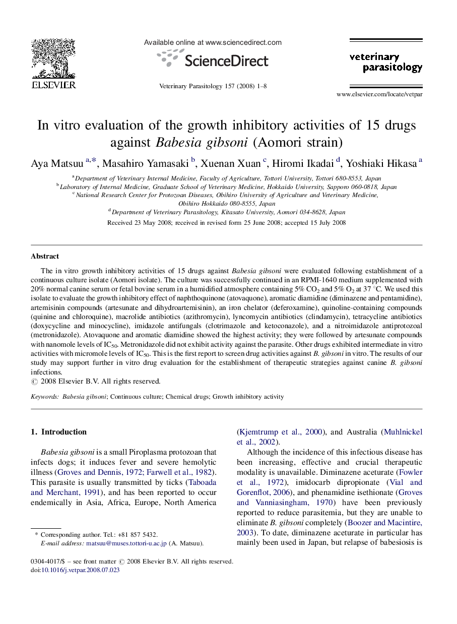 In vitro evaluation of the growth inhibitory activities of 15 drugs against Babesia gibsoni (Aomori strain)