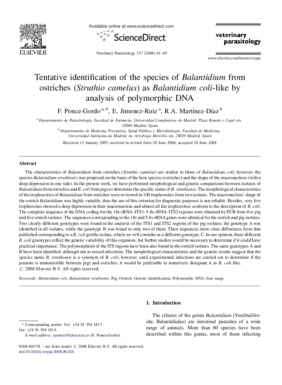 Tentative identification of the species of Balantidium from ostriches (Struthio camelus) as Balantidium coli-like by analysis of polymorphic DNA
