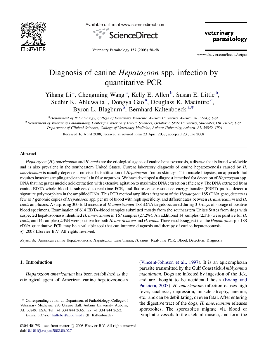 Diagnosis of canine Hepatozoon spp. infection by quantitative PCR