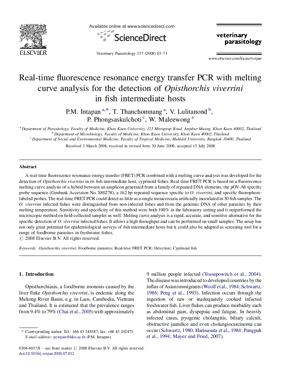 Real-time fluorescence resonance energy transfer PCR with melting curve analysis for the detection of Opisthorchis viverrini in fish intermediate hosts