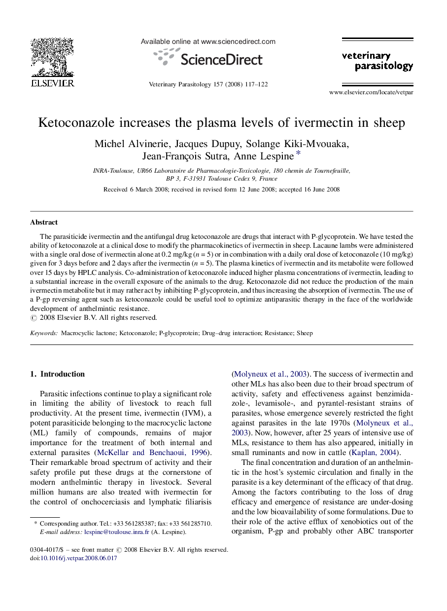 Ketoconazole increases the plasma levels of ivermectin in sheep