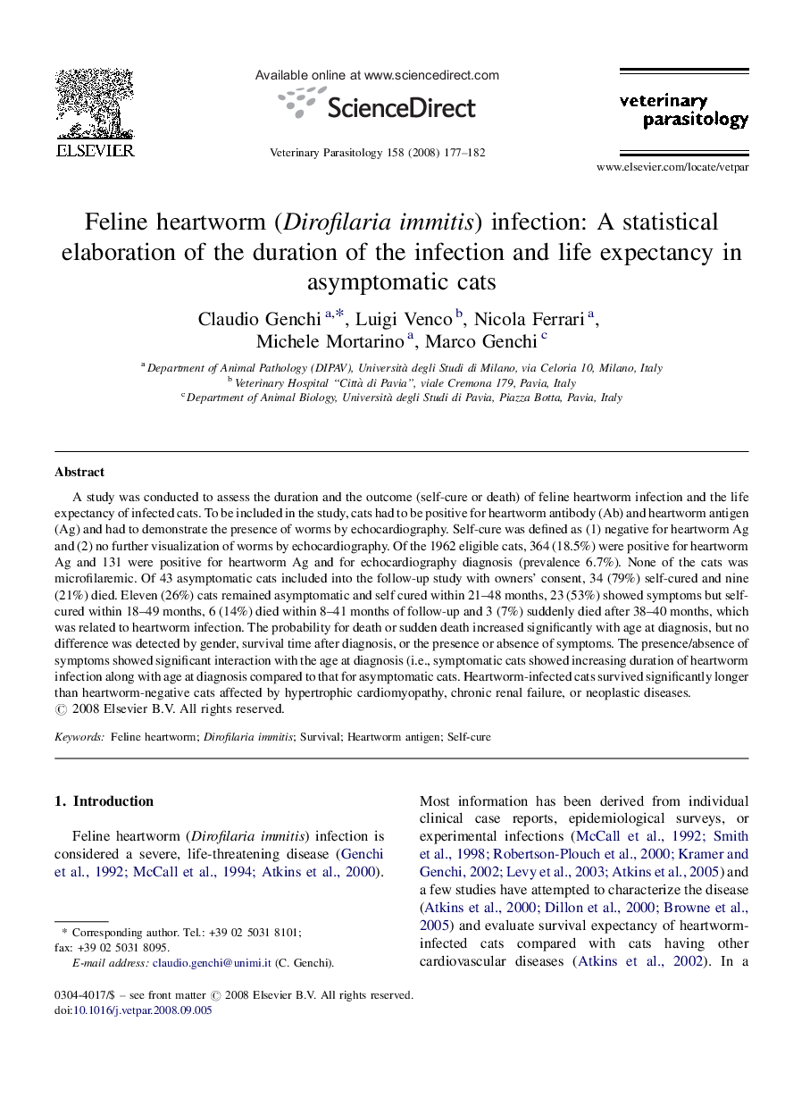 Feline heartworm (Dirofilaria immitis) infection: A statistical elaboration of the duration of the infection and life expectancy in asymptomatic cats