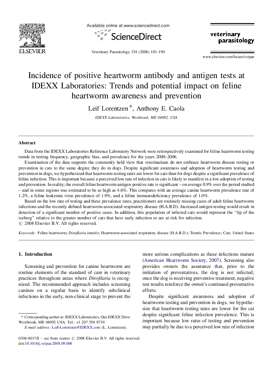 Incidence of positive heartworm antibody and antigen tests at IDEXX Laboratories: Trends and potential impact on feline heartworm awareness and prevention